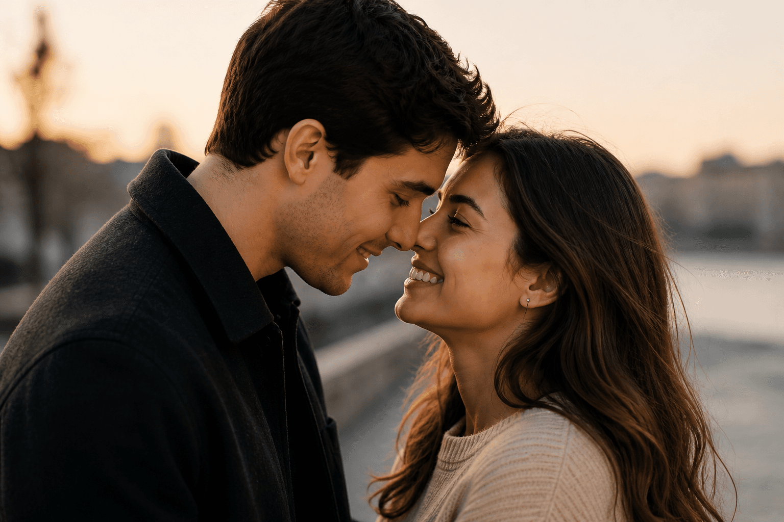 A couple close together, smiling